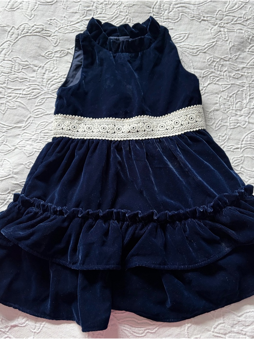 Janie and Jack 2t Girls Navy Velvet Dress with Cream Crochet Waistband holiday